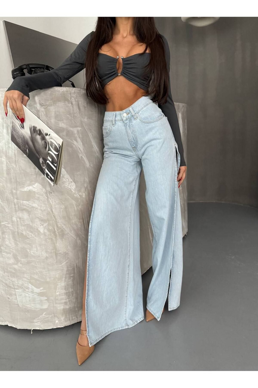 TREND ÖZEL TASARIM BOL PAÇA RAHAT KALIP DENİM JEAN PALAZO BAGGY PANTOLON 30