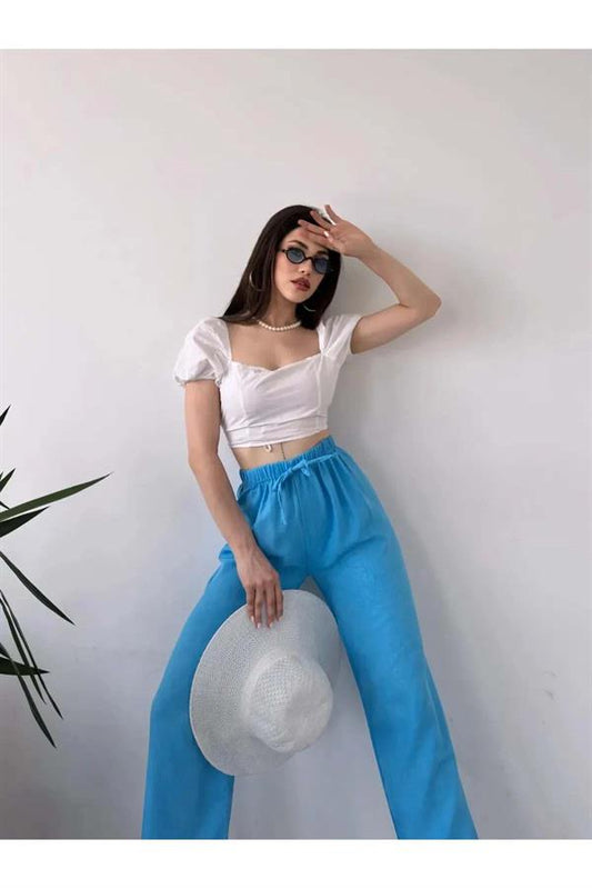 Beli Büzgülü Lastikli Salaş Pantalon Mavi
