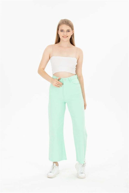 Püsküllü Geniş Paça Pantalon Su Yeşili