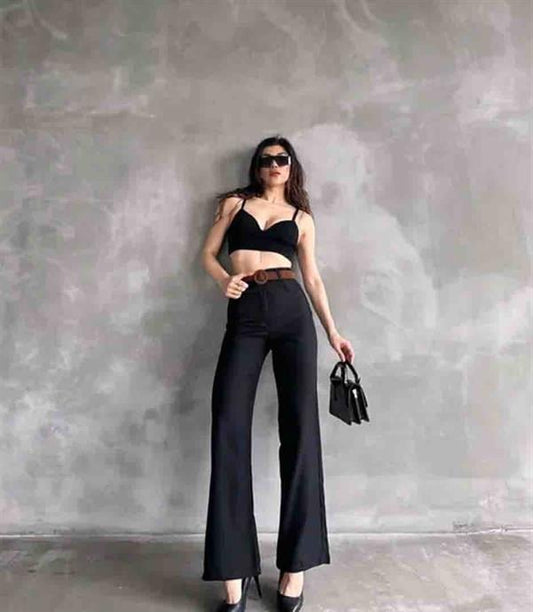 Beli Kemerli Bol Paça Palazzo Keten Pantolon Siyah