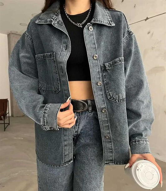 Çift Cepli Oversize Denim Gömlek Ceket Antrasit