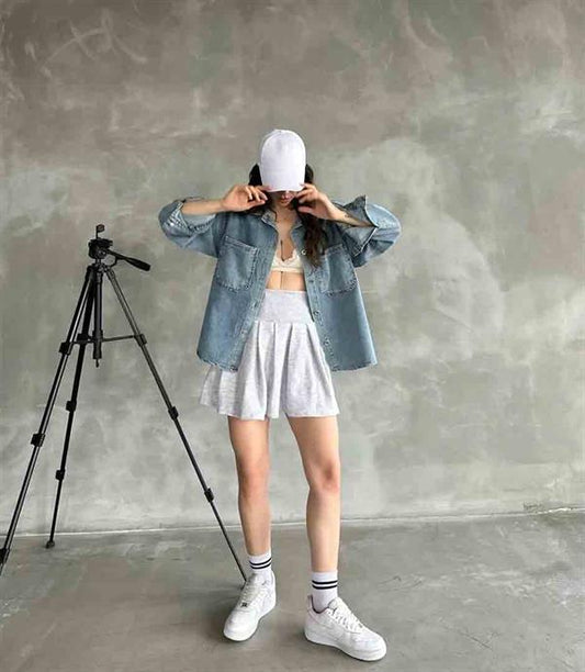 Çİft Cepli Oversize Denim Gömlek Ceket Gök Mavi