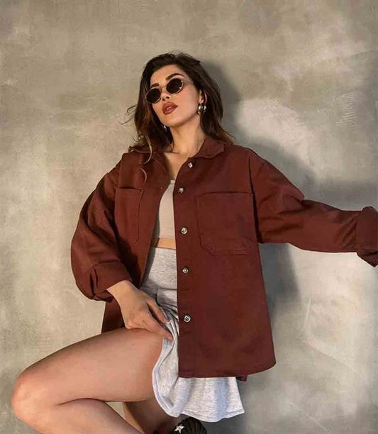 Çİft Cepli Oversize Denim Gömlek Ceket Kahverengi
