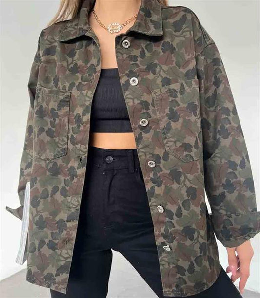 Çİft Cepli Oversize Denim Gömlek Ceket Asker Yeşili