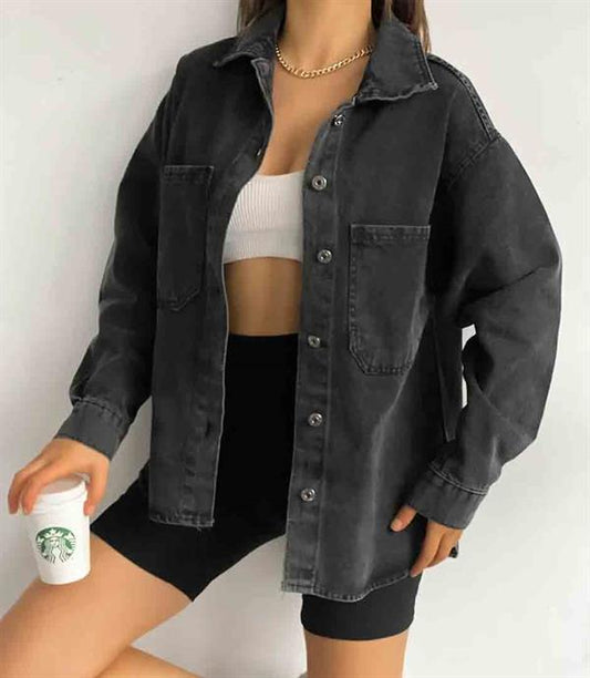 Çİft Cepli Oversize Denim Gömlek Ceket Koyu Gri