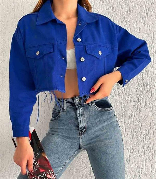 Crop Kot Ceket Saks Mavisi