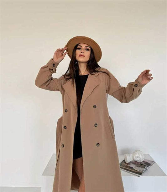 Dokuma Kumaş Beli Kuşaklı Trençkot Sütlü Kahve