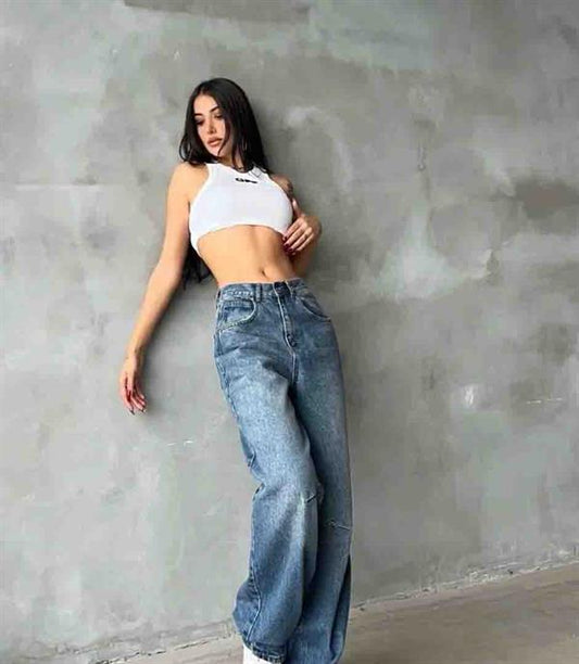 Kemer Toka Detaylı Baggy Yüksek Bel Pantalon Mavi