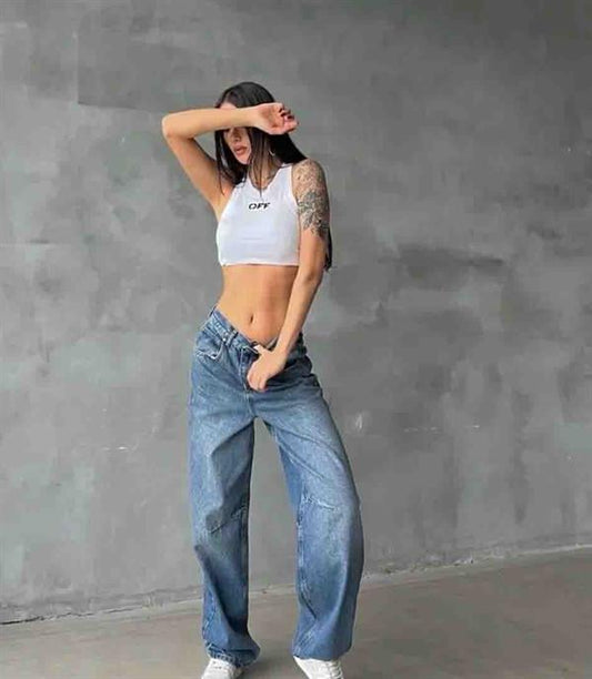 Kemer Toka Detaylı Baggy Yüksek Bel Pantalon Mavi