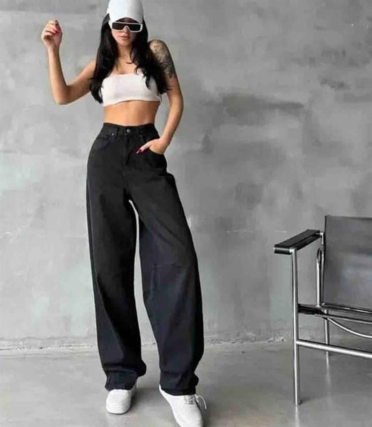 Kemer Toka Detaylı Baggy Yüksek Bel Pantalon Siyah