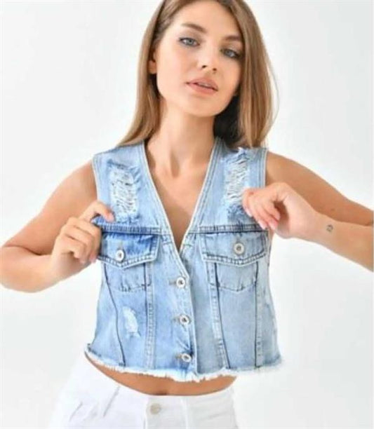 Kolsuz Denim Kot Yelek Mavi