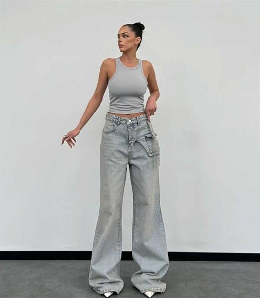 Özel Tasarım Baggy Pantalon Açık Gri