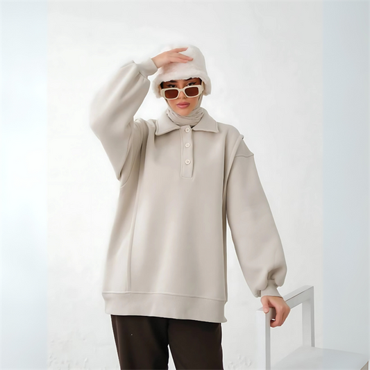 TREND 3 İPLİK ŞARDONLU YUMUŞAK DOKULU POLO YAKA POLARLI OVERSIZE UZUN SWEAT