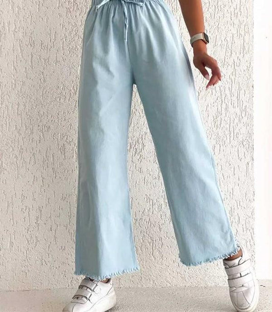 Beli Lastikli Püsküllü Pantolon Süt Mavi