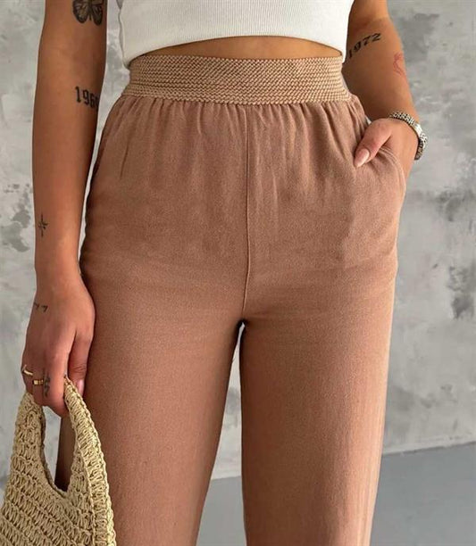 Beli Streç Lastikli Bol Paça Keten Pantolon Sütlü Kahve