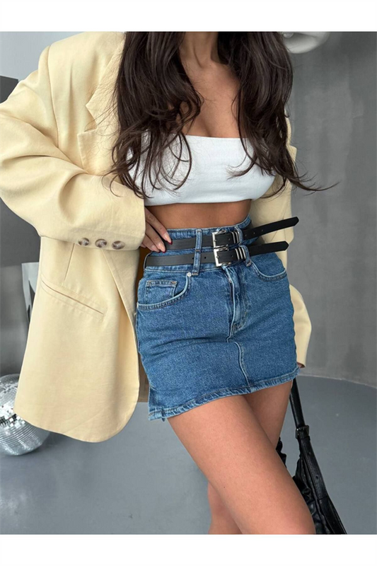 Trend Çi̇ft Kemerli̇ Li̇krali Mi̇ni̇ Deni̇m Jean Etek-trend Double Belt Mini Denim Jean Skirt