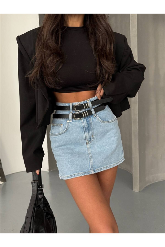 Trend Çi̇ft Kemerli̇ Li̇krali Mi̇ni̇ Deni̇m Jean Etek-trend Double Belt Mini Denim Jean Skirt
