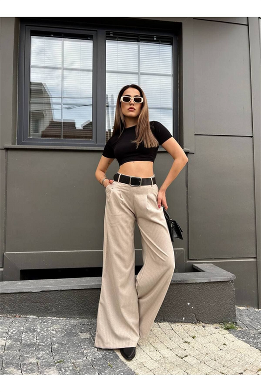 Trend Çi̇zgi̇li̇ Poli̇vi̇skon Kumaş Kemerli̇ Salaş Palazzo Pantolon- Stripe Polyviscose Palazzo