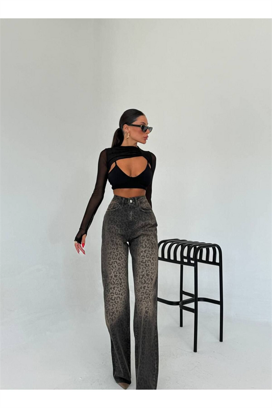Trend Leopar Desenli̇ Özel Tasari̇m Baggy Jean Palazzo Pantolon