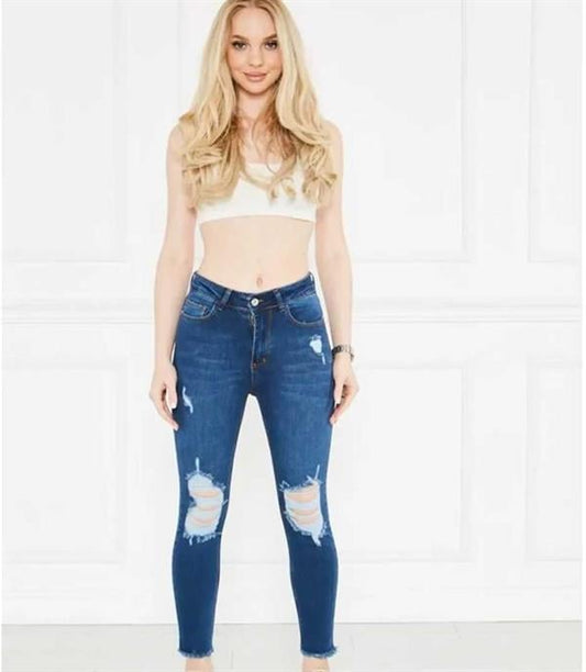 Yırtık detaylı Likralı Jean Pantalon Mavi