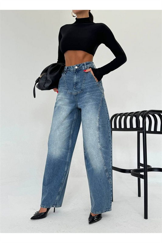 Trend Özel Tasari̇m High Rise Detai̇led Baloon Baggy Jean Deni̇m Pantolon
