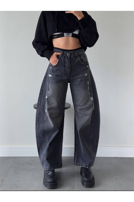 Trend Özel Tasari̇m High Rise Detai̇led Baloon Baggy Jean Deni̇m Pantolon