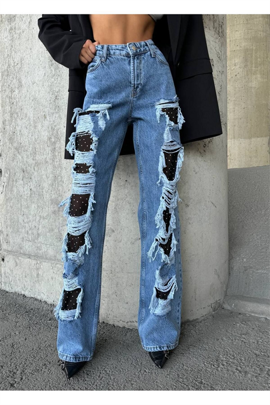 Trend Özel Tasari̇m Wi̇de Leg Baggy Jean Deni̇m Yirtik Detay Pantolon