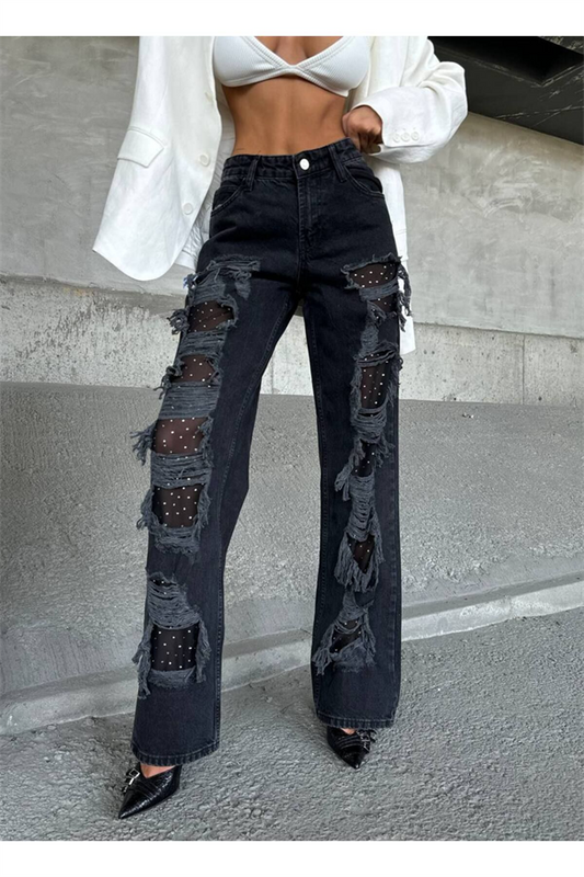 Trend Özel Tasari̇m Wi̇de Leg Baggy Jean Deni̇m Yirtik Detay Pantolon