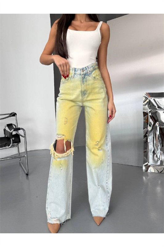 Trend Özel Tasari̇m Wi̇de Leg Palazzo Jean Deni̇m Yirtik Detay Pantolon