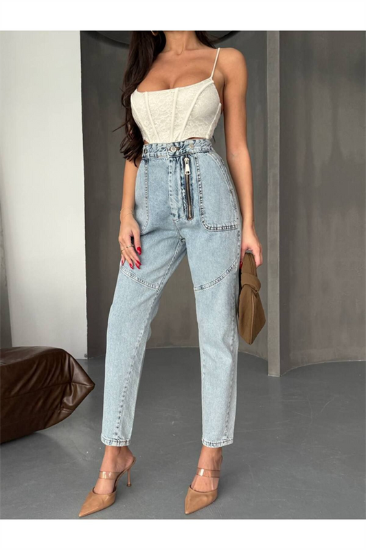 Trend Özel Tasarim Strai̇ght Kalip Fermuar Detay Deni̇m Jean Pantolon