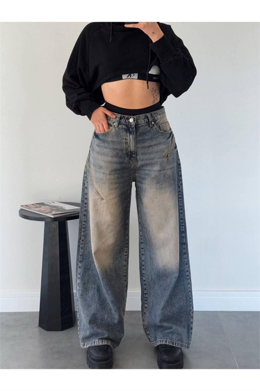 Trend Özel Tasarim Wi̇de Leg Yandan Fermuar Detayli Süper Baggy Jean Bol Rahat Kalip Deni̇m
