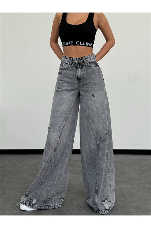 Trend Özel Tasarim Wi̇de Leg Yandan Süper Baggy Jean Bol Rahat Kalip Deni̇m Pantolon