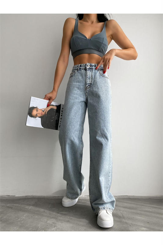 Trend Wide Leg Açık Kar Yıkama Baggy Jean Kot Pantolon