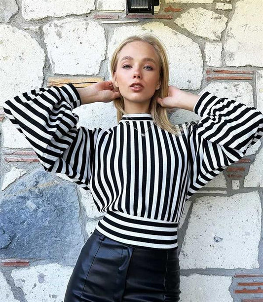 Zebra Desen Uzun Kollu Bluz Siyah